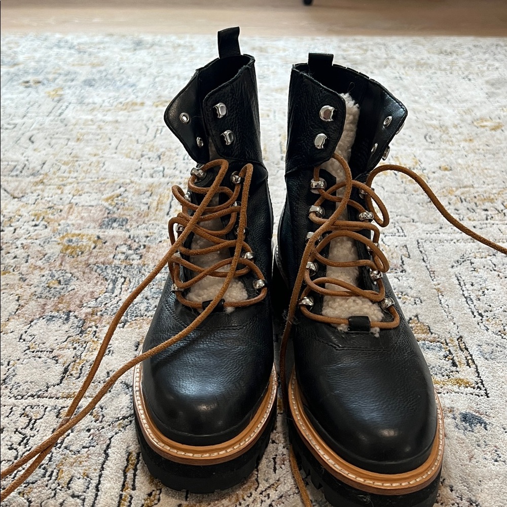 Marc Fisher Black and Tan Combat Boots
